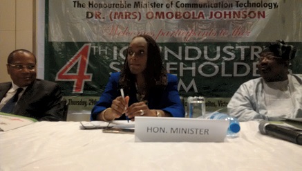 (L-r): Dr Eugene Juwah, executive vice chairman of the Nigerian Communications Commission (NCC), Dr (Mrs) Omobola Johnson, minister of Communication Technology and Dr Tunji Olopa, permanent secretary in the ministry, during the 4th Information and Communications Technology (ICT) Industry Stakeholders Forum in Lagos on Thursday.